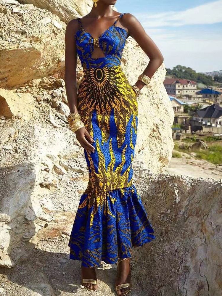 Damen V-ausschnitt Bodenlanger Print Party Cocktail Spaghetti-trägerkleid