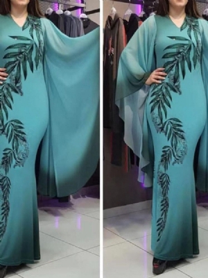 Damen V-ausschnitt Knöchellang Langarm Sommer Figurbetontes Kleid