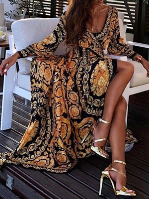 Damen V-ausschnitt Print Langarm Laternenärmel Kleid