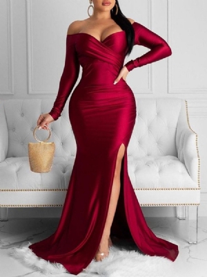 Frauen V-ausschnitt Langarm Split Schlichtes Winterkleid
