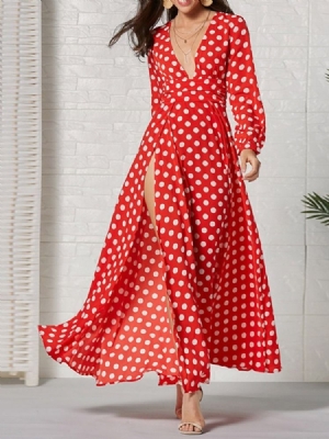Langarm Knöchellang V-ausschnitt Fashion Polka Dots Damenkleid