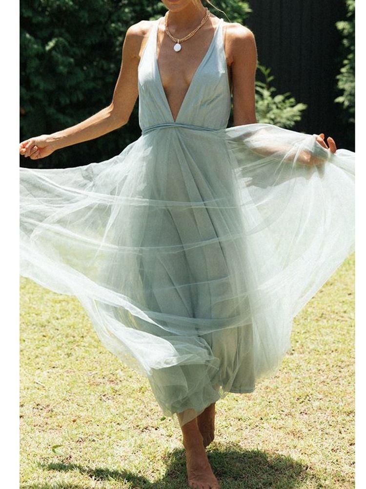 Mesh Knöchellanger V-ausschnitt Sommer Expansion Damenkleid