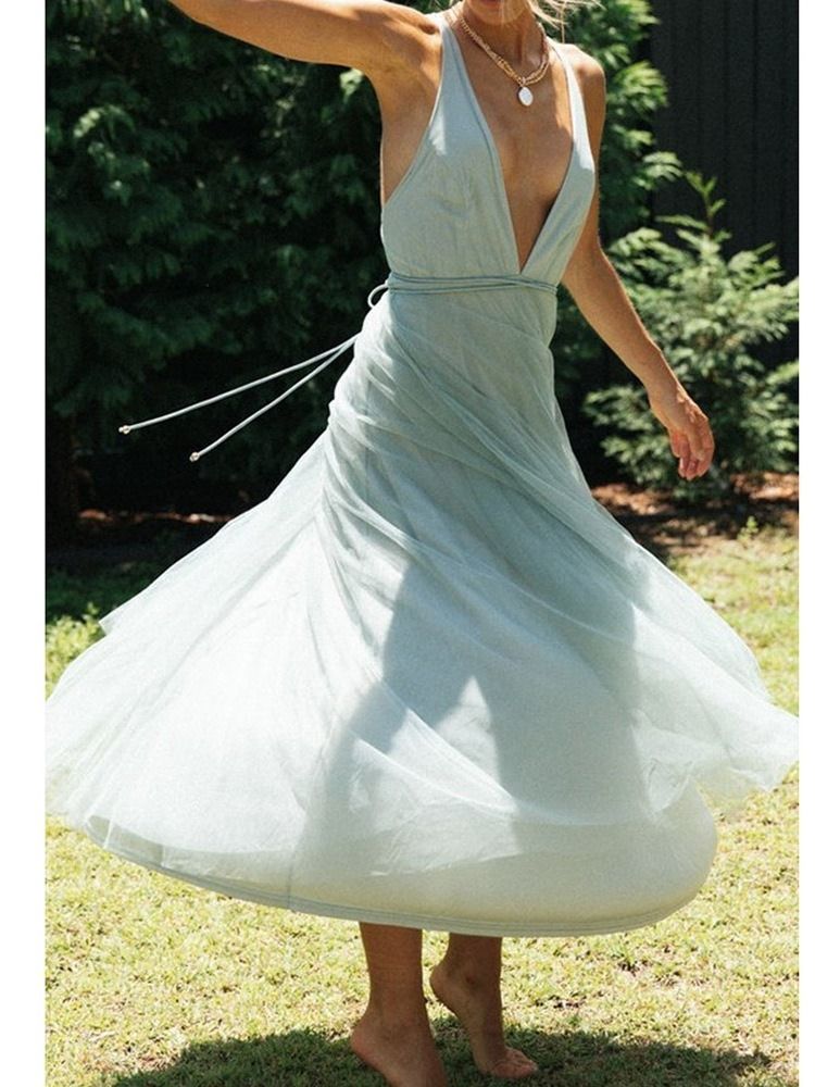 Mesh Knöchellanger V-ausschnitt Sommer Expansion Damenkleid