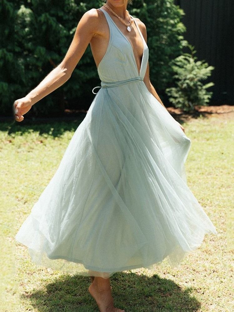Mesh Knöchellanger V-ausschnitt Sommer Expansion Damenkleid