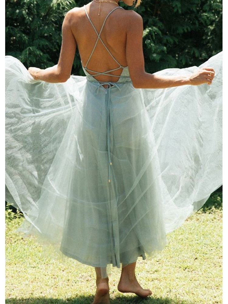 Mesh Knöchellanger V-ausschnitt Sommer Expansion Damenkleid