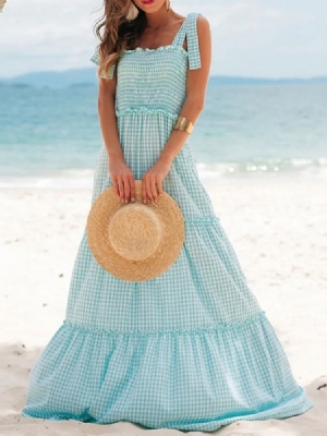 Patchwork Square Neck Bodenlangen Karierten Süßes Maxikleid Strandkleider Für Damen