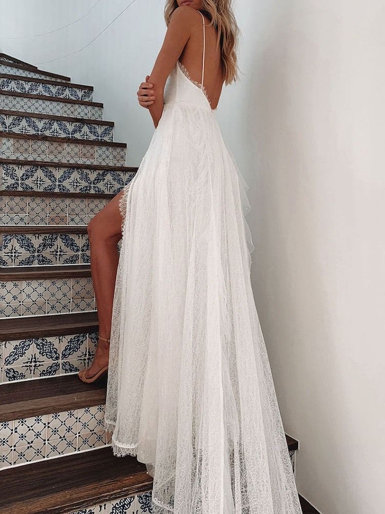Patchwork V-ausschnitt Ärmelloses Spaghettiträger Schlichtes Damenkleid Women
