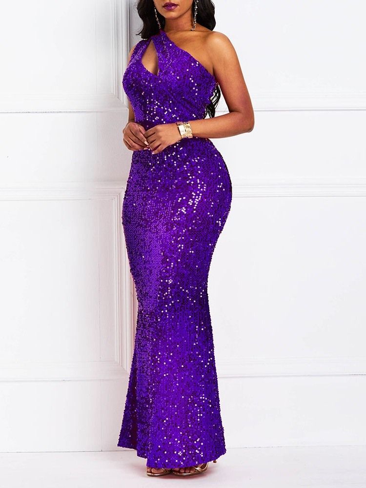 Schrägkragen Bodenlang Pailletten Ärmellos Schlichtes Damen Maxikleid