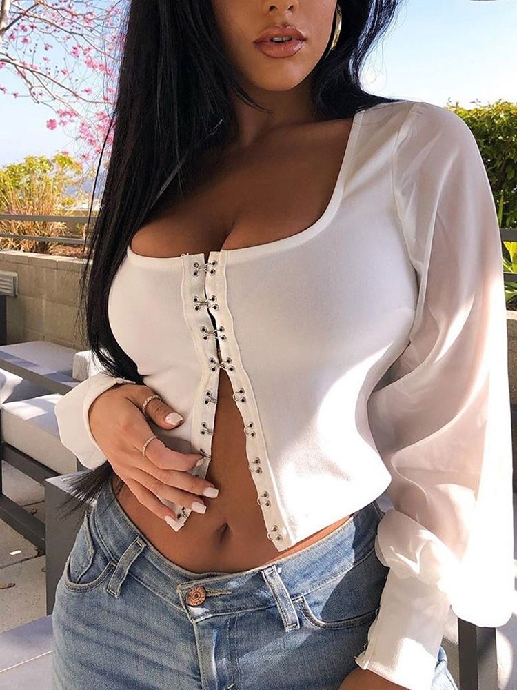 Langärmeliges Schlichtes Damen-t-shirt Mit Eckigem Ausschnitt