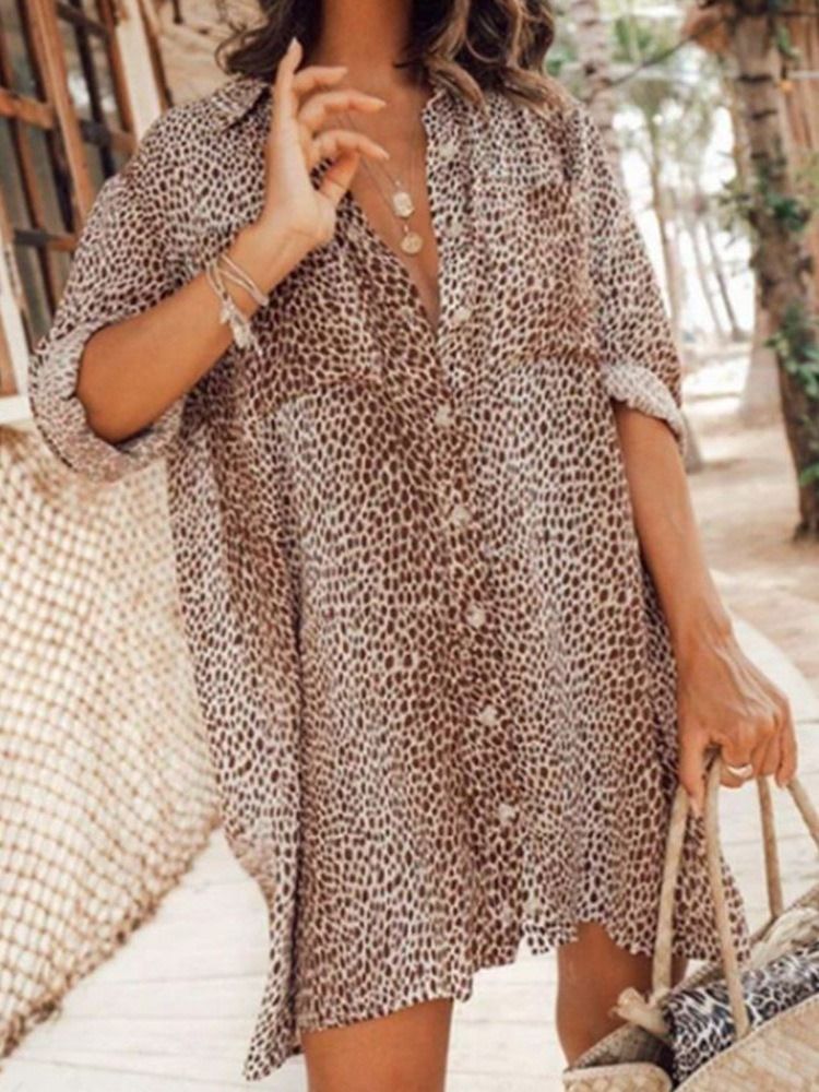 Leopard Revers Print Langarm Mittellange Damenbluse