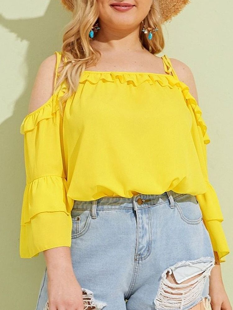 Patchwork Flare Ärmel Einfarbig Standard Neun Punkte Ärmel Damenbluse Plus Size