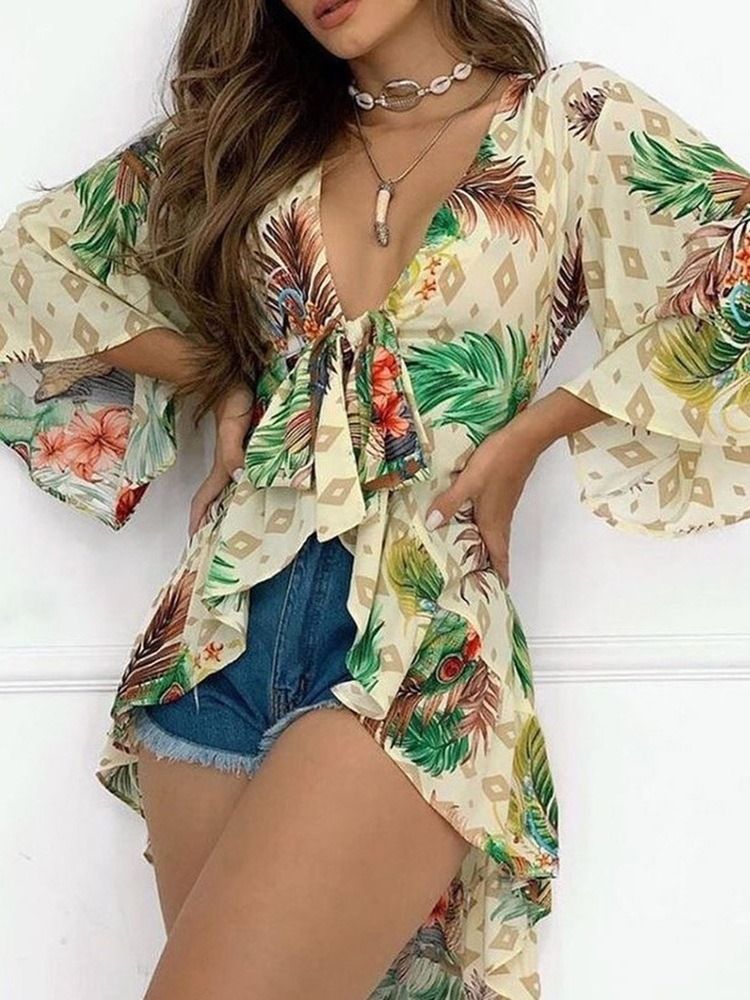 Print V-ausschnitt Floral Neun Punkte Ärmel Damen Mittellange Bluse