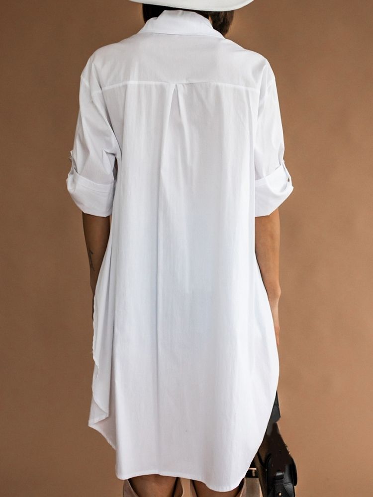Revers Pocket Plain Damen Langarm Lange Weiße Bluse