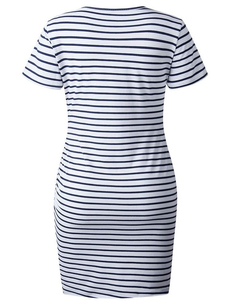 Damen Gestreiftes Asymmetrisches Rundhals-kurzarmkleid Über Dem Knie