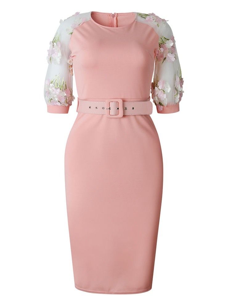 Damen Patchwork Ol Halbarm Gürtel Figurbetontes Kleid