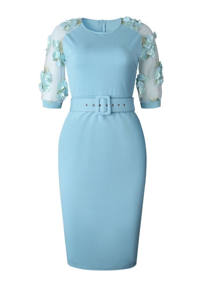 Damen Patchwork Ol Halbarm Gürtel Figurbetontes Kleid