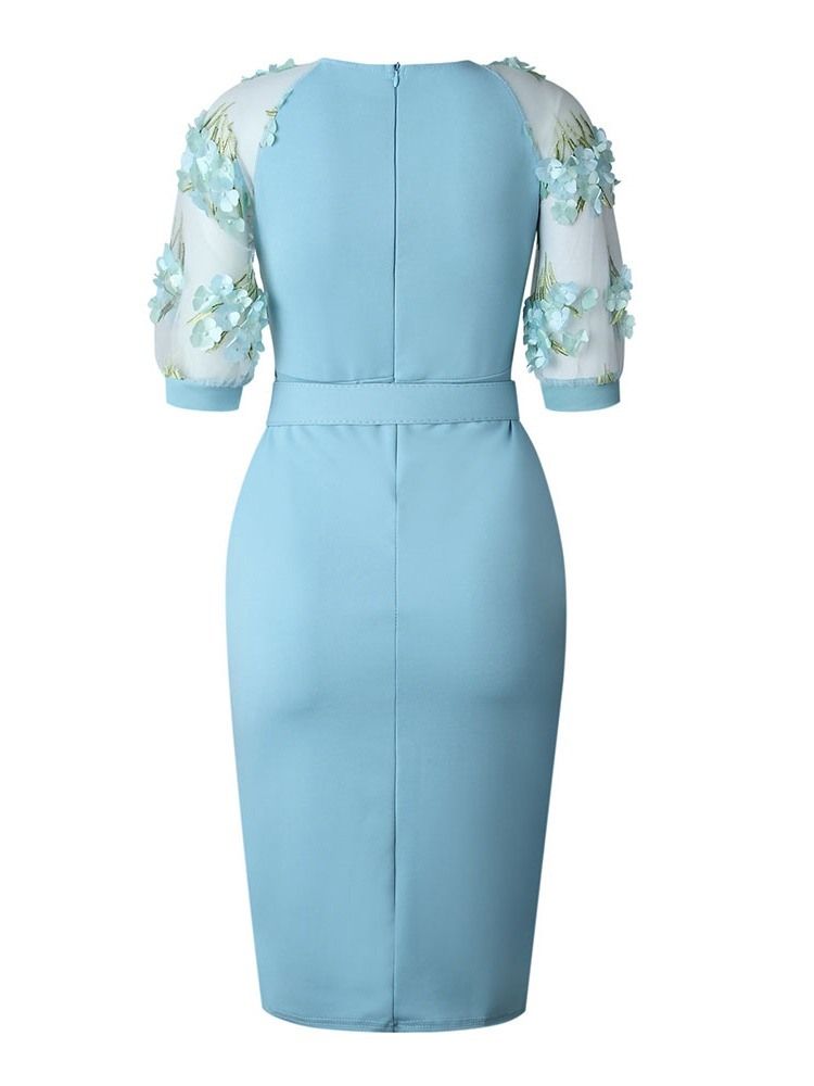 Damen Patchwork Ol Halbarm Gürtel Figurbetontes Kleid