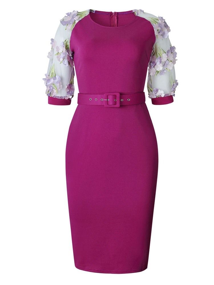 Damen Patchwork Ol Halbarm Gürtel Figurbetontes Kleid