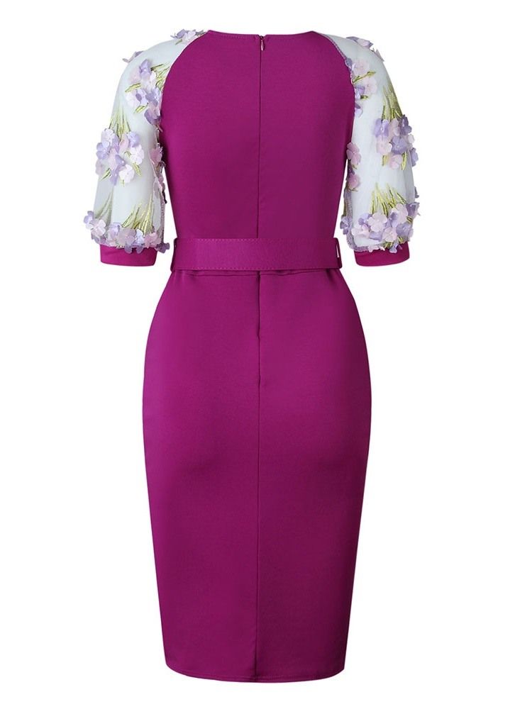 Damen Patchwork Ol Halbarm Gürtel Figurbetontes Kleid