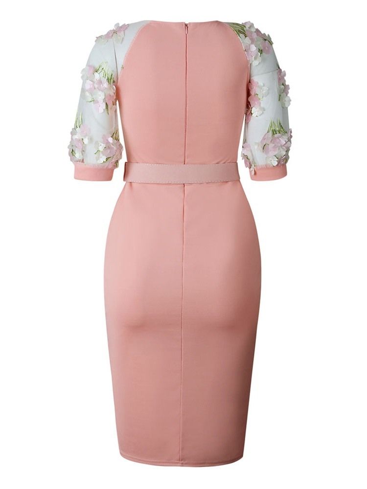 Damen Patchwork Ol Halbarm Gürtel Figurbetontes Kleid