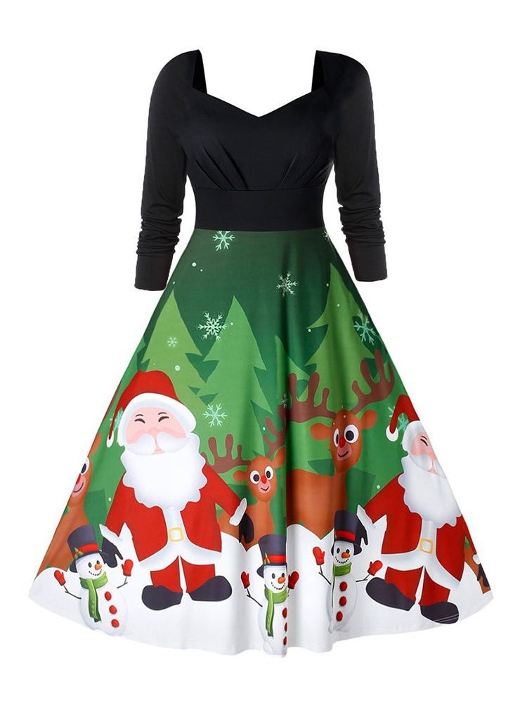 Frauen-weihnachten Mit Neun Punkten Ärmeln Mid-waden Print Pullover High Waist Kleid