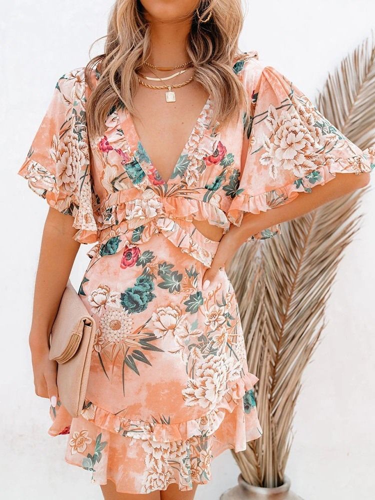 Print V-ausschnitt Über Dem Knie Blumenpullover Damenkleid