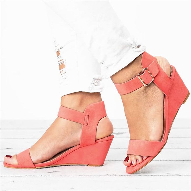 Einfarbige Sandalen Mit Runder Zehenschnalle Und Keilabsatz Für Damen