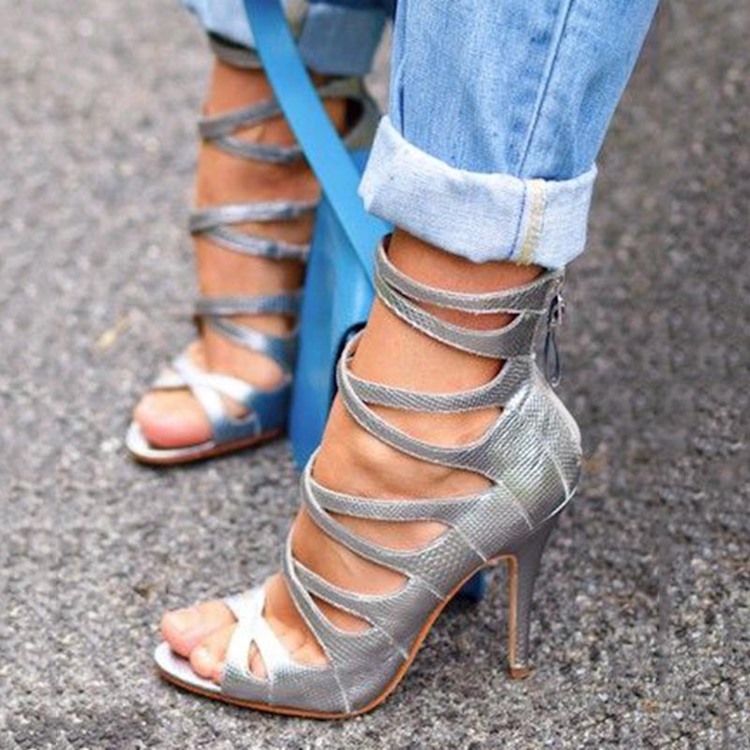 Frauen Peep Toe Zipper Plain Stiletto Heel Schuhe