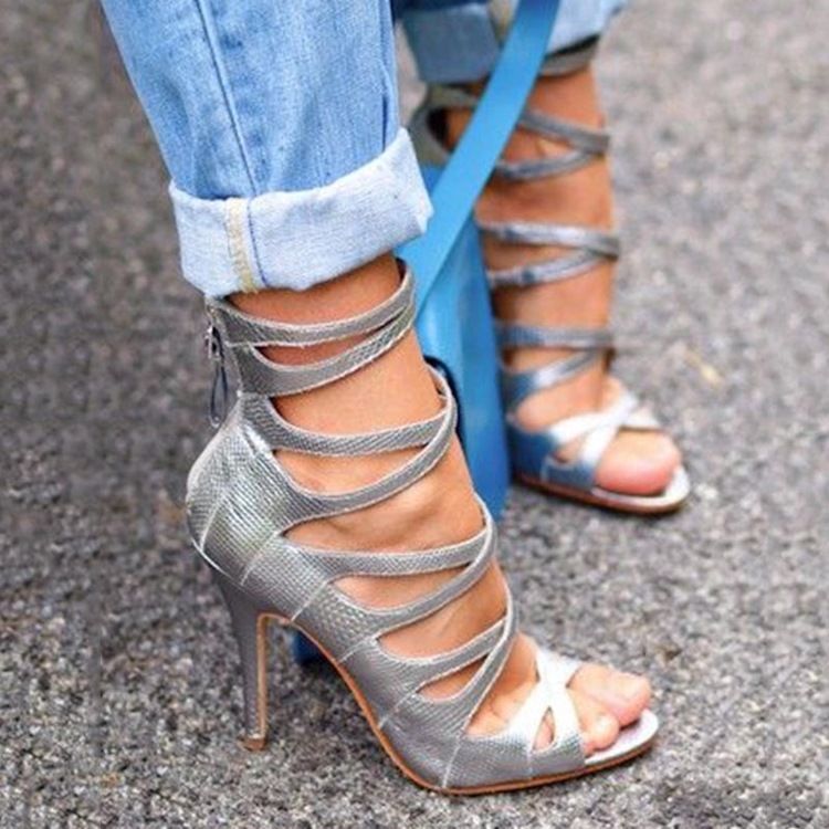 Frauen Peep Toe Zipper Plain Stiletto Heel Schuhe
