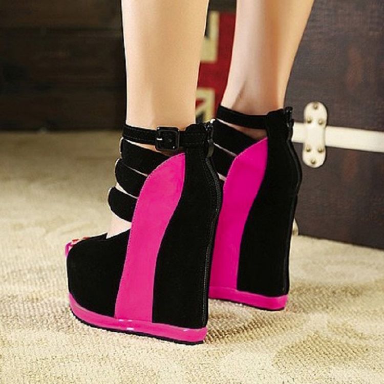 Peep Toe Keilabsatz Schnalle Plateau Damen Sandalen