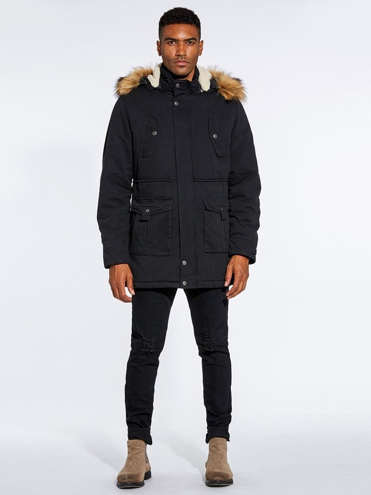 Fur Hooded Plain Zipper Pocket Herren Winterjacke