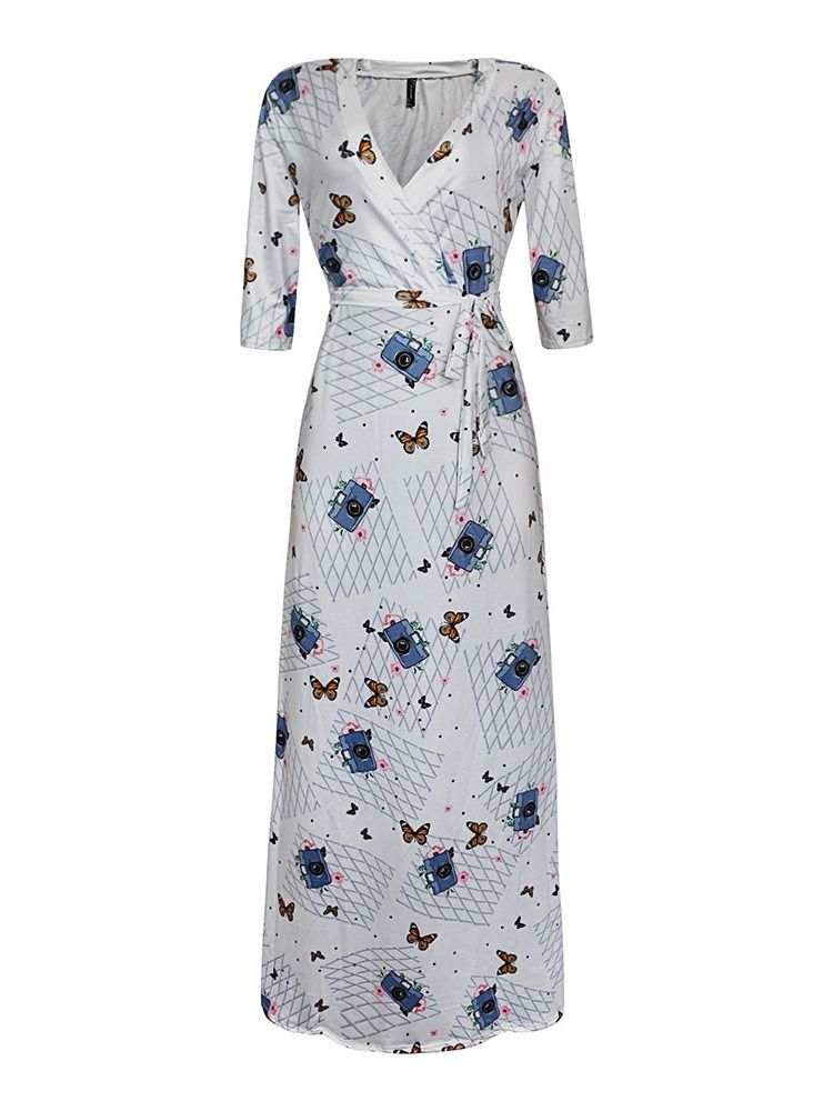 Bodenlanges Bedrucktes A-linien-kleid Mit 3/4-ärmeln Für Damen