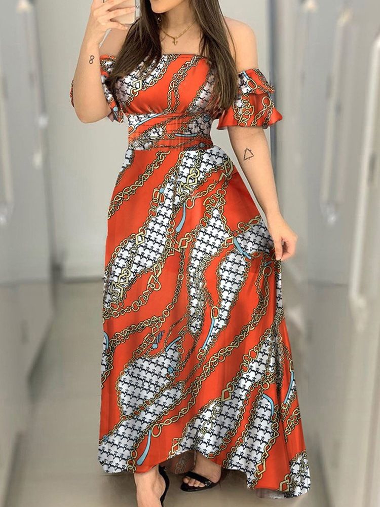 Bodenlanges Bedrucktes Kurzärmliges Kleid Mit Geometrischen Schultern Für Damen