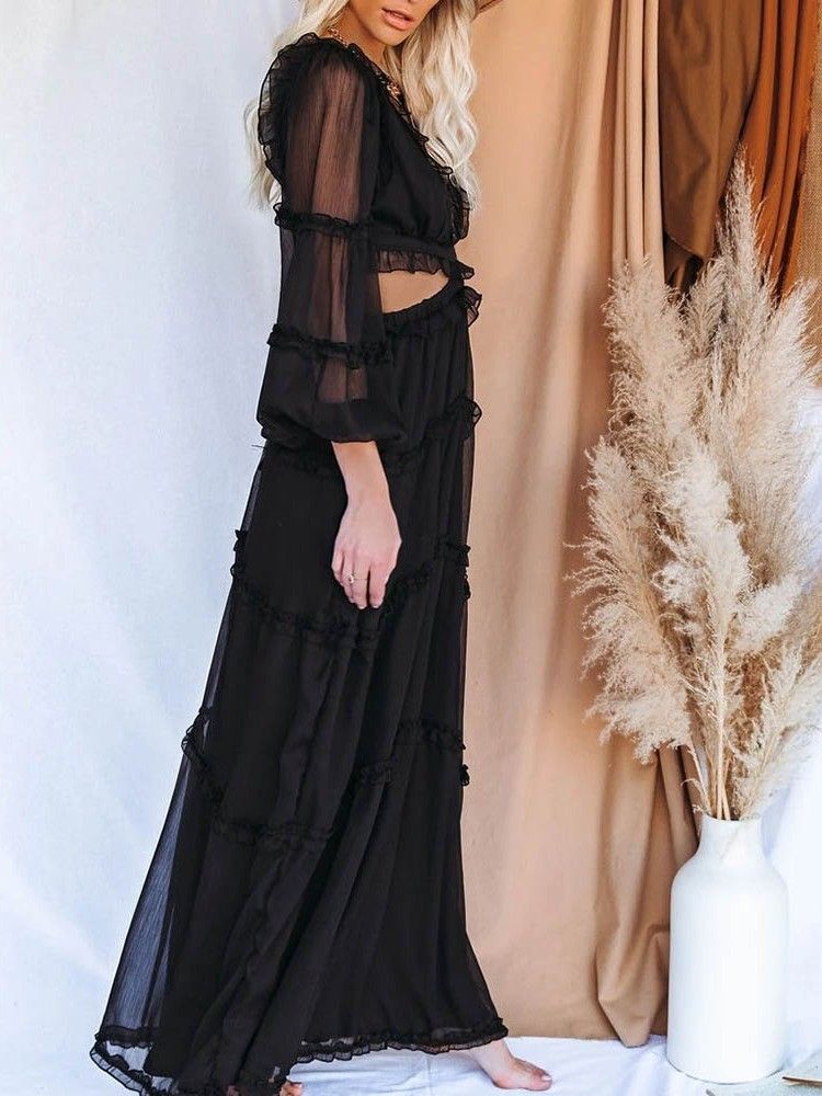 Bodenlanges Hohles V-ausschnitt Damen Schlichtes Kleid Strandkleider Für Damen