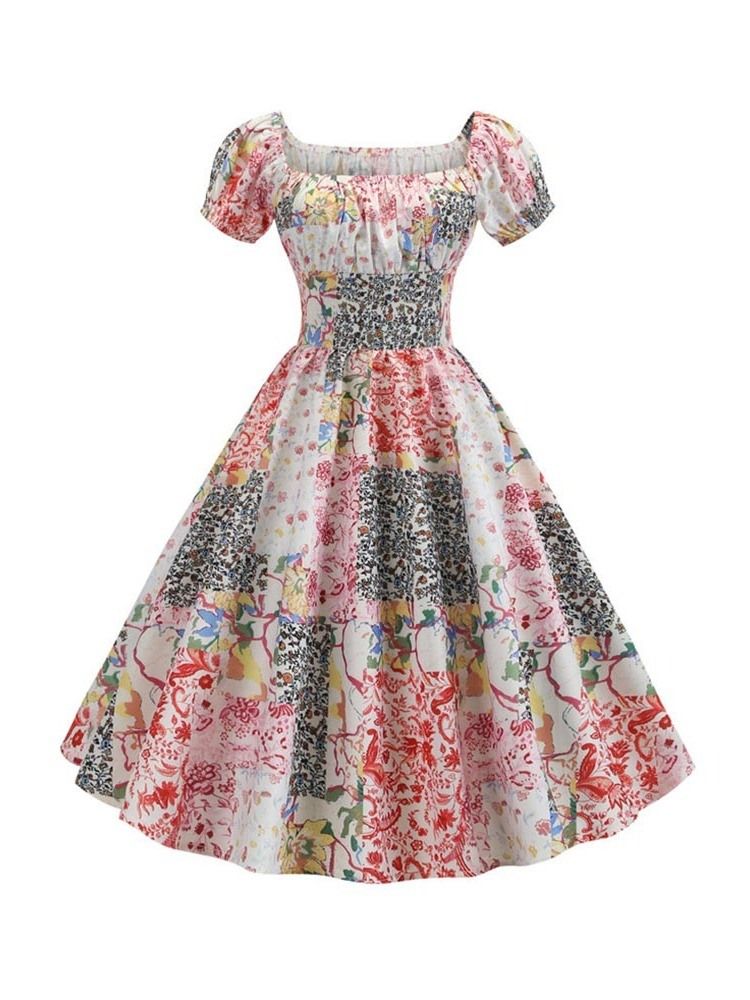 Damen A-linie Plissee Kleid Mit Eckigem Ausschnitt Und Kurzarm-print
