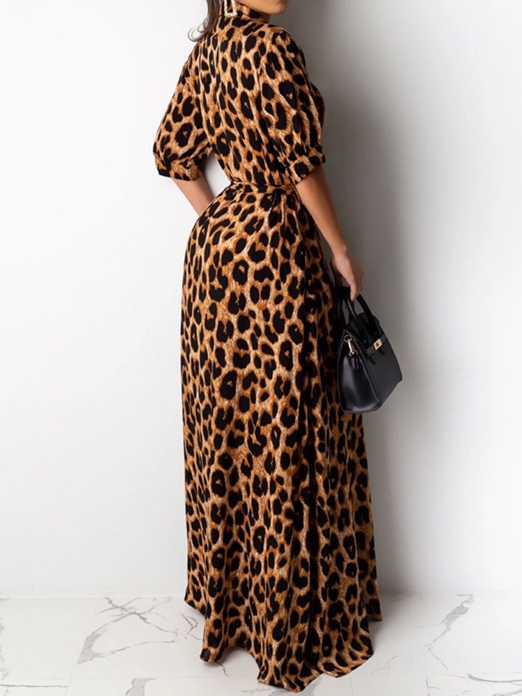 Damen Bodenlanger Print Mit Halben Ärmeln Fashion Leopard Kleid