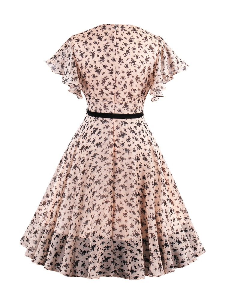 Damen-chiffon-blumen-falbala-trim Flowy A-linien-kleid