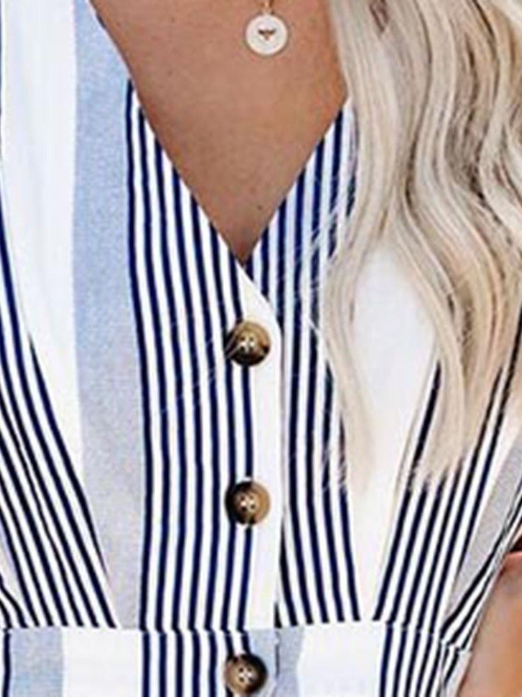 Damen Kurzarm V-ausschnitt Gestreiftes Freizeitkleid