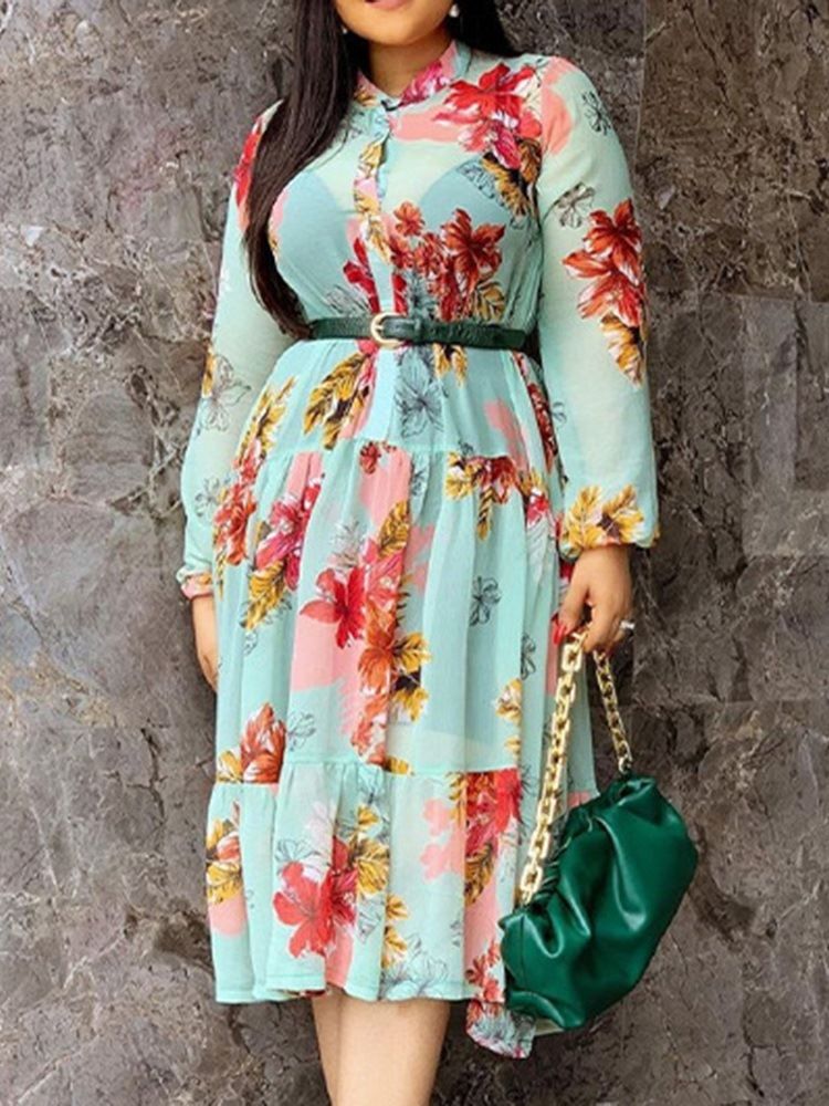 Damen Langärmliges A-linien-kleid Mit Print Bis Zur Mitte Der Wade In Blockfarben