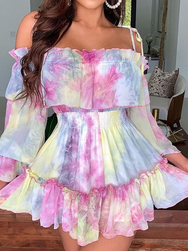 Damen Langarm-print Über Dem Knie Sommer Kleid Mit Kalten Schultern