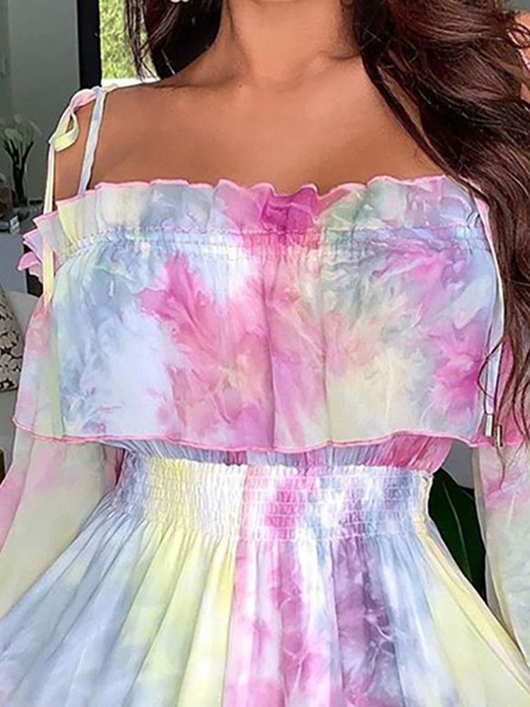 Damen Langarm-print Über Dem Knie Sommer Kleid Mit Kalten Schultern