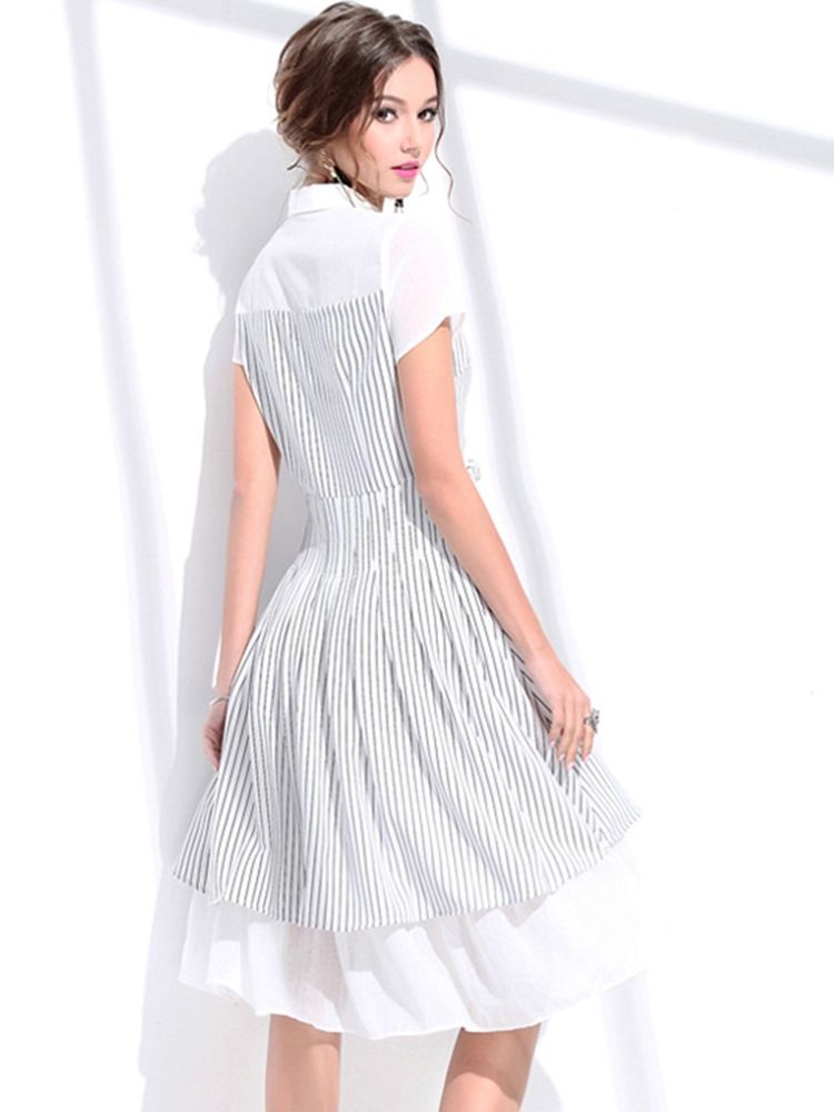 Damen Polo-ausschnitt Bowknot Gestreiftes A-linien-kleid