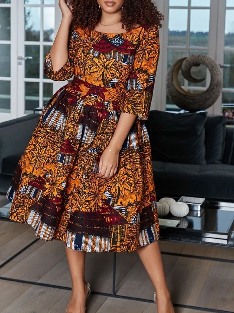 Damen Print Halbarm Rundhals A-linie Farbblock Kleid
