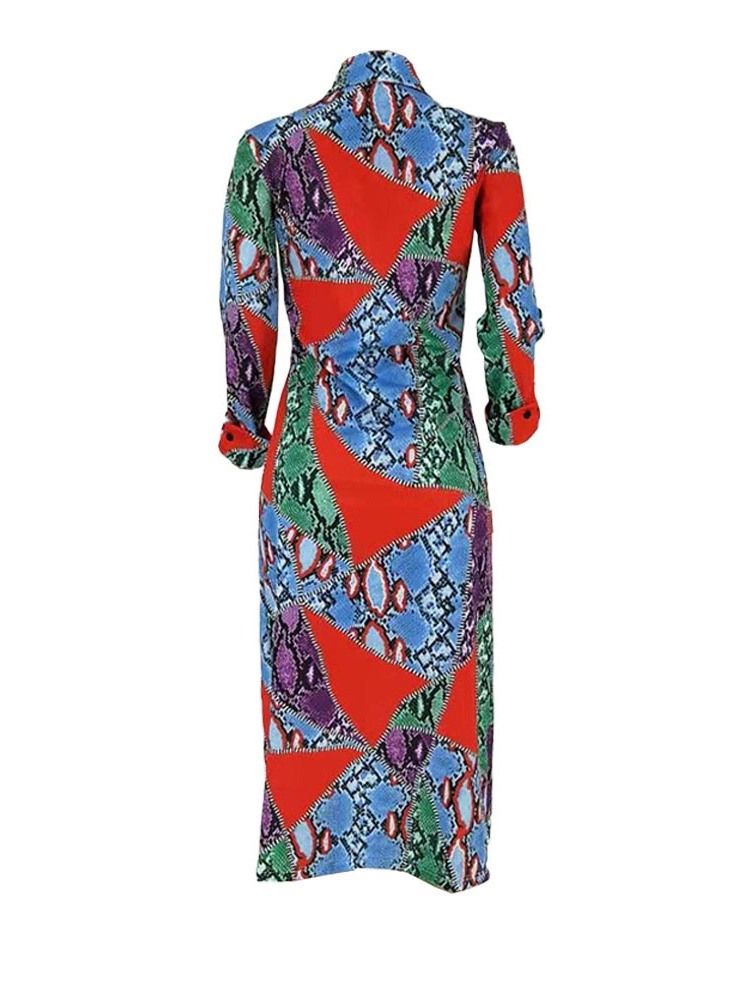 Damen Revers Langarm Wadenmitte Einreihiges Freizeitkleid