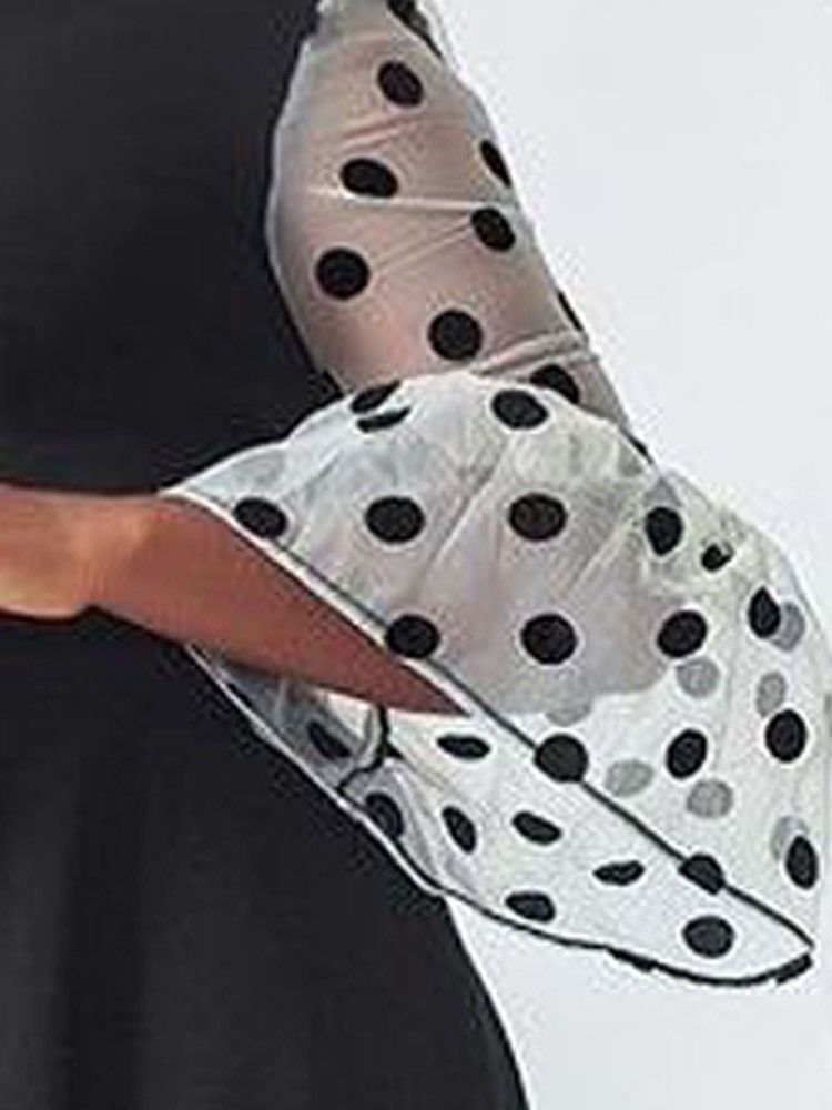 Damen Stehkragen Durchsichtige Neun Punkte Ärmel Pullover Polka Dots Maxi Schwarzes Kleid