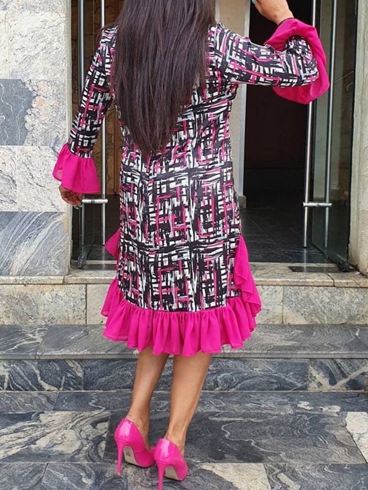 Damen-stringy Selvedge Langarm-rundhals-kleid Mit Ausgestellten Ärmeln Und Mittlerer Taille
