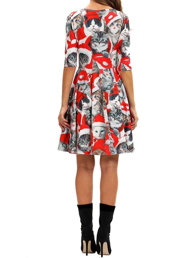 Damen-weihnachtsdruck Über Dem Knie Halbe Ärmel Mittelhohe Taille A-linien-kleid