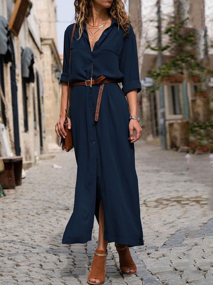 Einfarbiges Mittelhohes Kleid Mit Schlitz Und Langen Ärmeln Für Damen