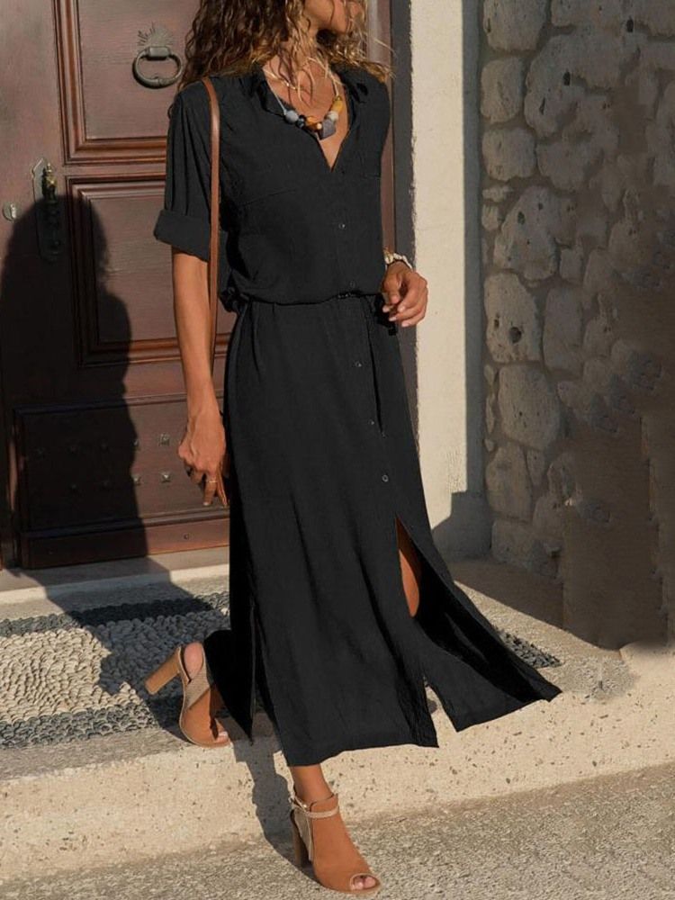 Einfarbiges Mittelhohes Kleid Mit Schlitz Und Langen Ärmeln Für Damen