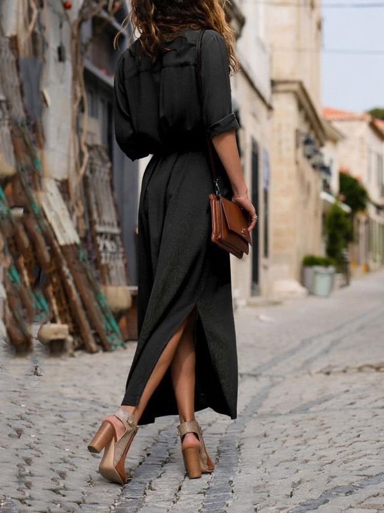 Einfarbiges Mittelhohes Kleid Mit Schlitz Und Langen Ärmeln Für Damen